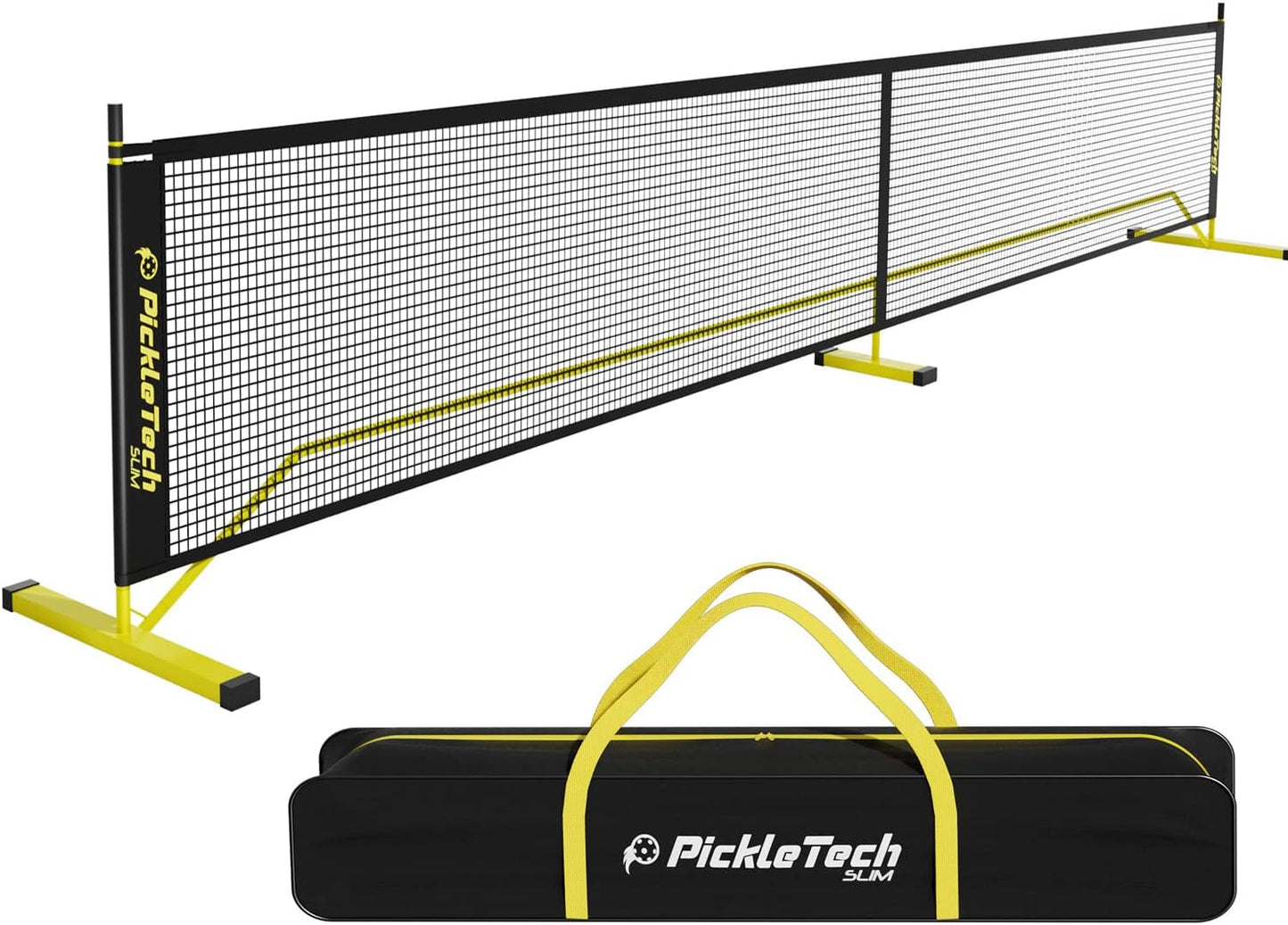 PICKLETECH 4.0 Slim Version Portable Pickleball Nets Outdoor or Indoor Game Black Yellow 22 FT Pickleball Net-USAPA Regulation Size-Pickle Ball Net System with Carrying Bag