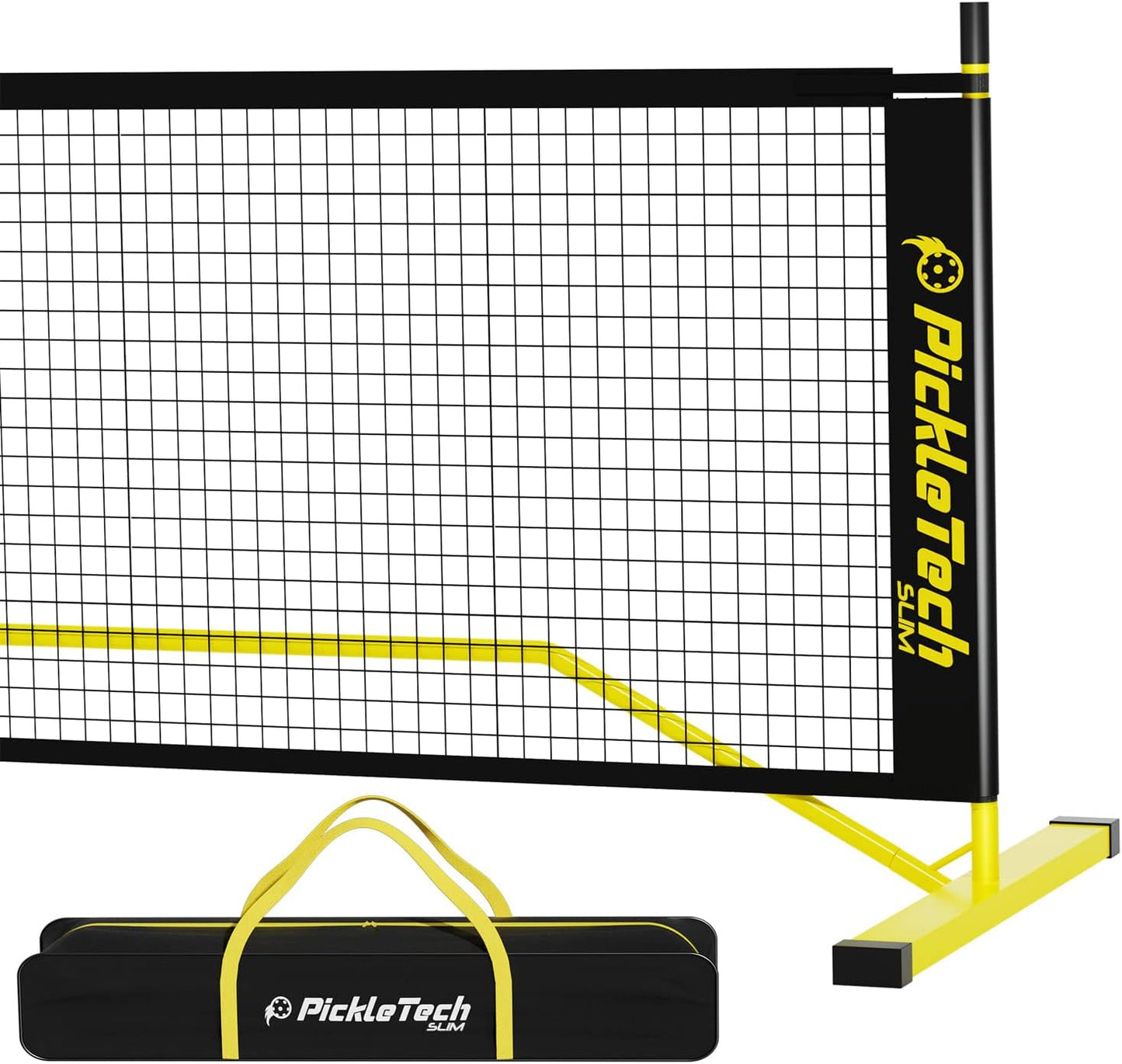 PICKLETECH 4.0 Slim Version Portable Pickleball Nets Outdoor or Indoor Game Black Yellow 22 FT Pickleball Net-USAPA Regulation Size-Pickle Ball Net System with Carrying Bag