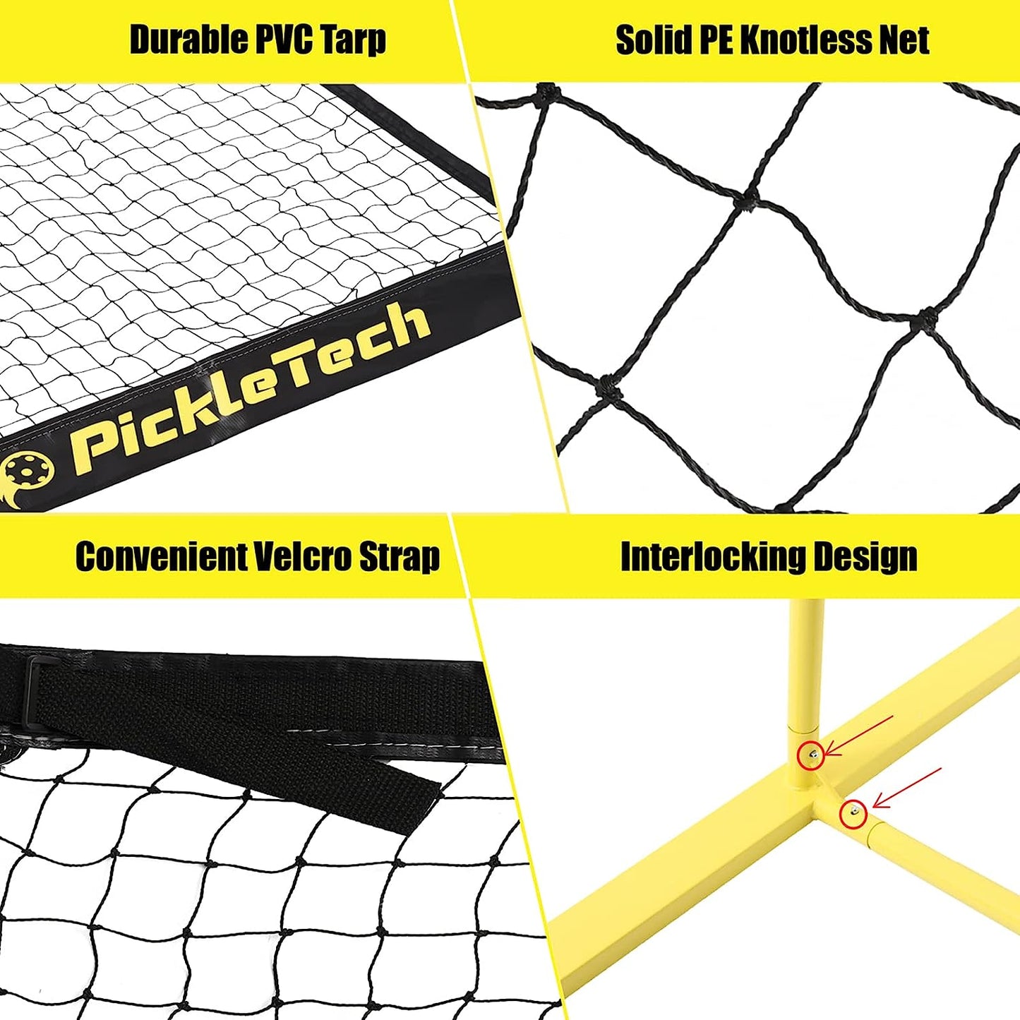 PICKLETECH 4.0 Slim Version Portable Pickleball Nets Outdoor or Indoor Game Black Yellow 22 FT Pickleball Net-USAPA Regulation Size-Pickle Ball Net System with Carrying Bag