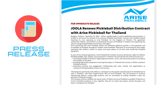 JOOLA Renews Pickleball Distribution Contract with Arise Pickleball for Thailand